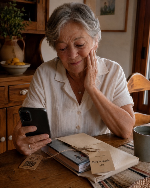Una abuela escucha en su móvil el mensaje de voz de su nieto, junto al recetario que le ha regalado y la etiqueta QR «Escucha a Leo»